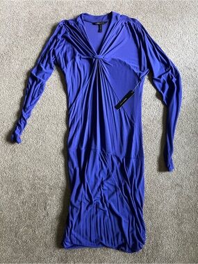 BCBG Twist-Front Long Sleeve Midi Dress in Cobalt